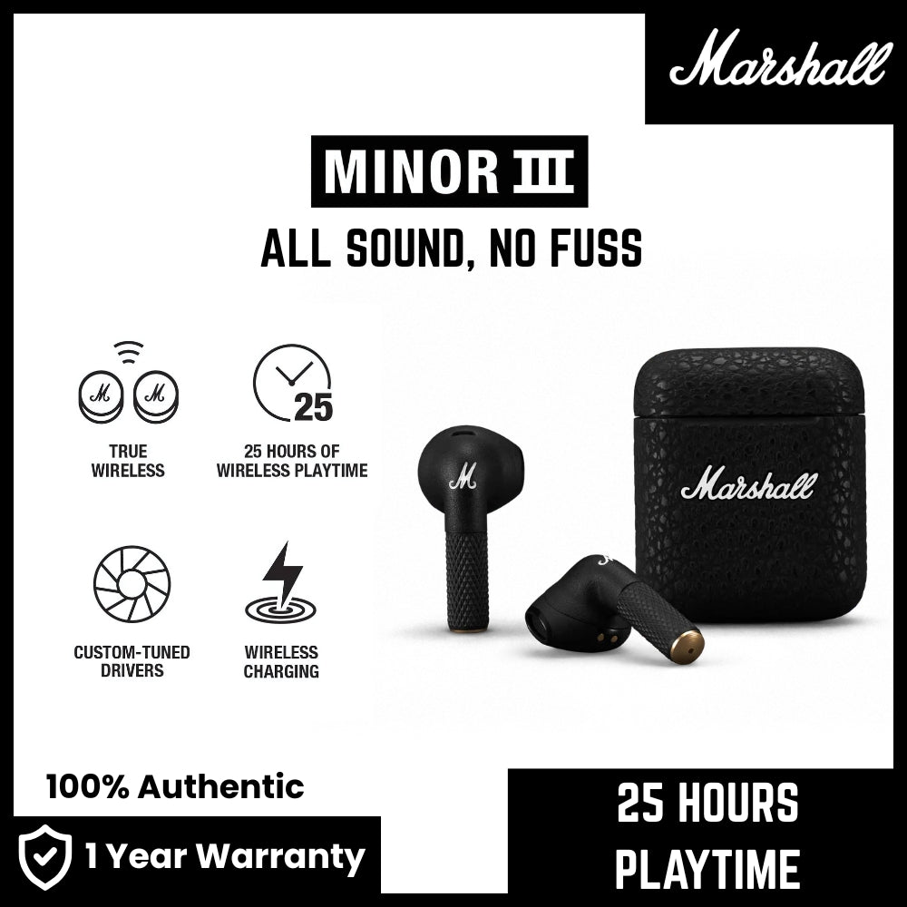 Marshall Minor 3 Bluetooth Earbuds - Black