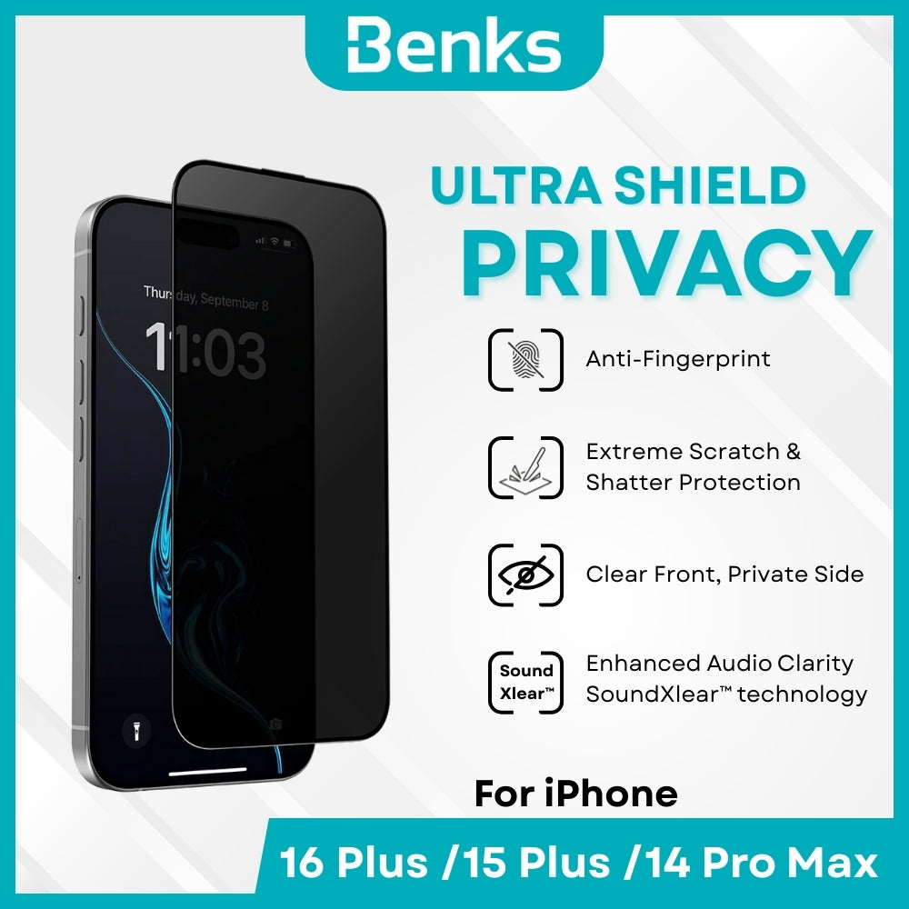 BENKS - Ultra Shield Privacy Screen Protector - IPhone 16 Plus / 15 Plus / 14 Pro Max (Black)