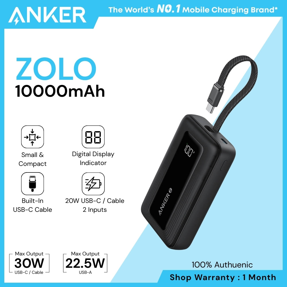 ANKER - ZOLO 10000mAh Built-In USB-C Cable Power Bank ( 30W ) - Black