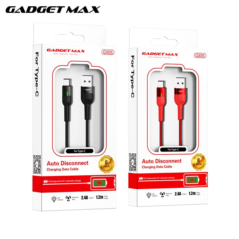 GADGET MAX GX05 TYPE-C 2.4A AUTO DISCONNECT DATA CABLE FOR TYPE-C (2.4A)(1.2M) - RED