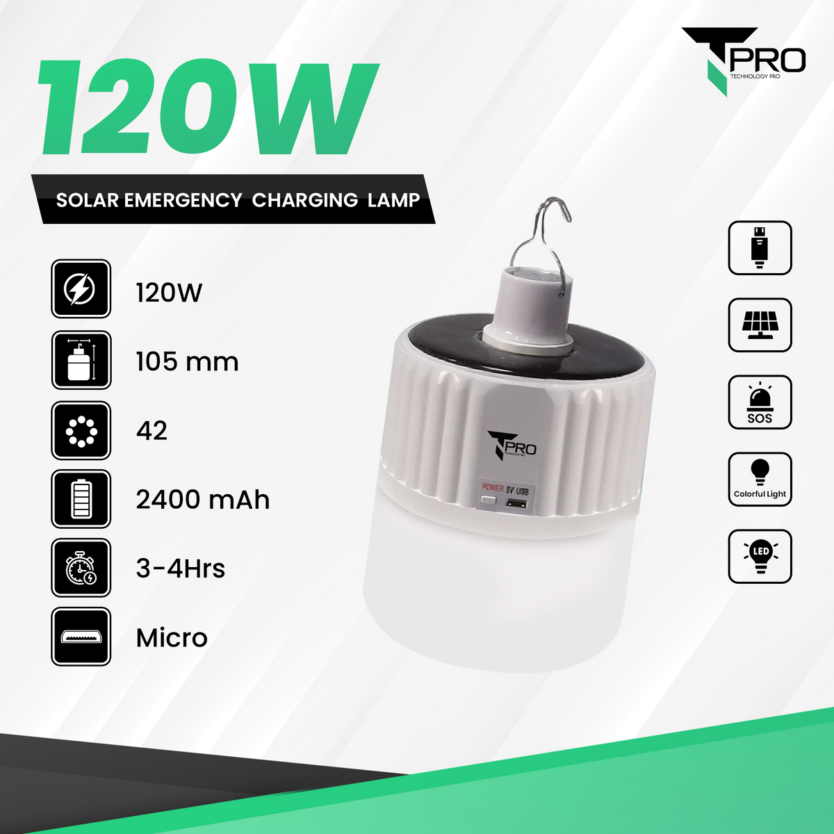 T-PRO-120W 2400MAH 2IN1 SOLAR & USB EMERGENCY CHARGING LAMP