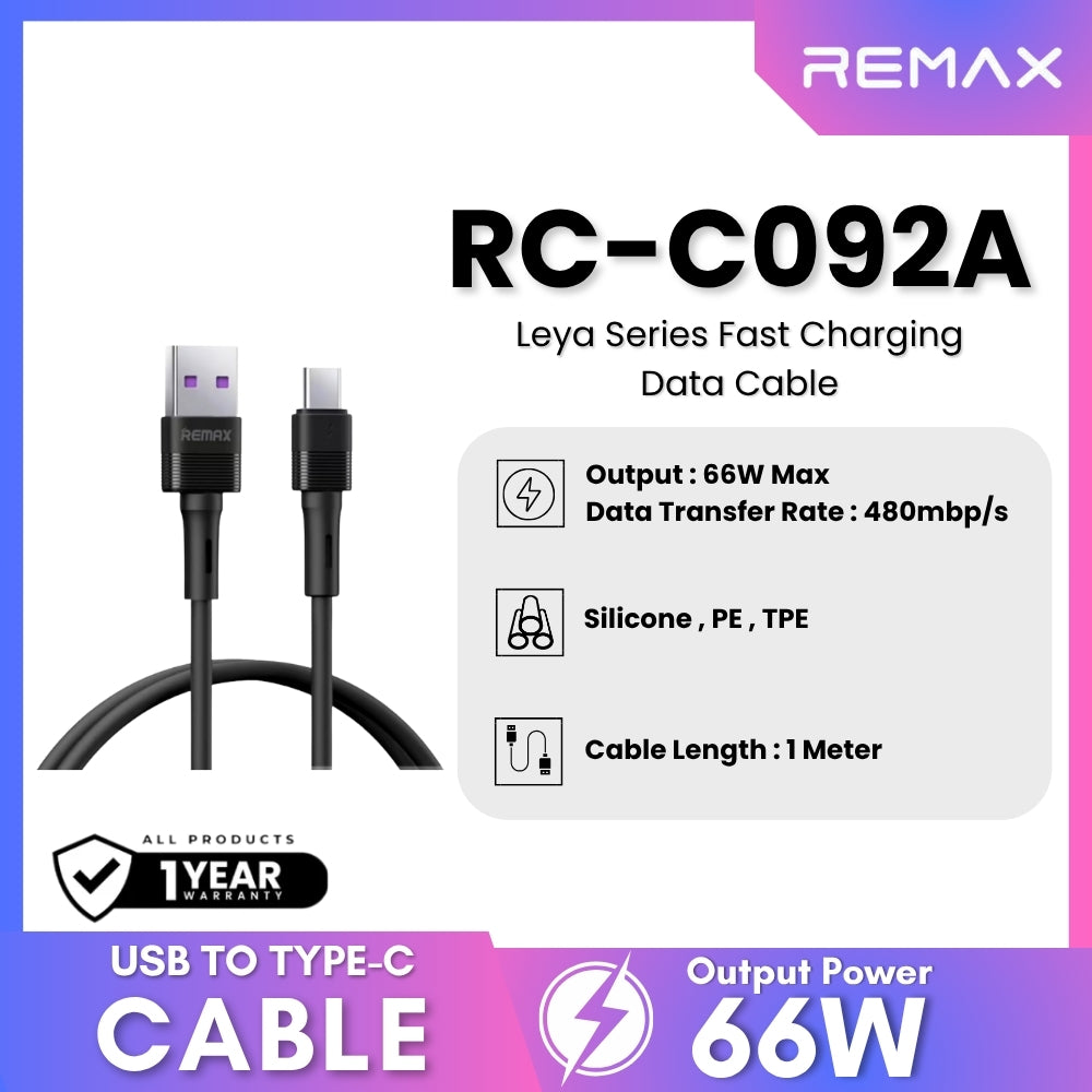 REMAX - RC-C092A Leya Series USB to Type-C Fast Charging Data Cables (66W) - Black