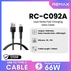 REMAX - RC-C092A Leya Series USB to Type-C Fast Charging Data Cables (66W) - Black