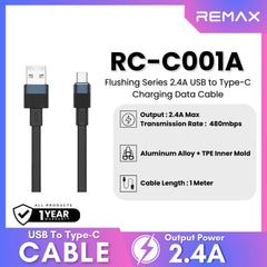 REMAX - RC-C001A Flushing Series 2.4A USB to Type-C Charging Data Cable - Black