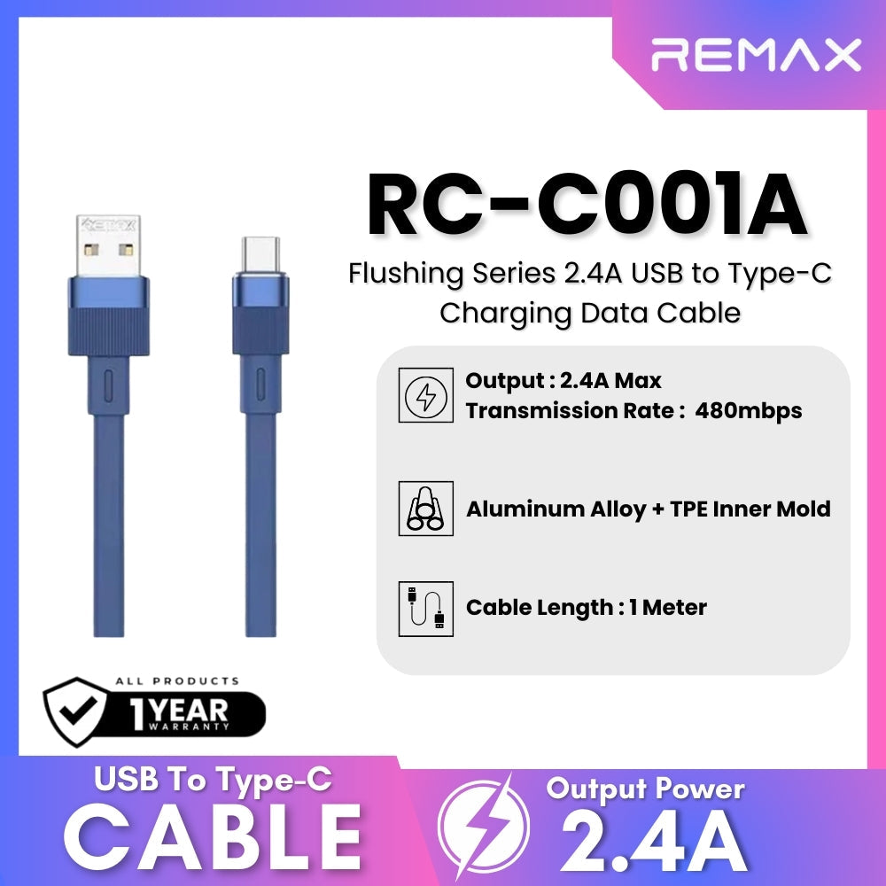 REMAX - RC-C001A Flushing Series 2.4A USB to Type-C Charging Data Cable - Blue