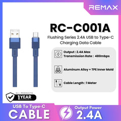REMAX - RC-C001A Flushing Series 2.4A USB to Type-C Charging Data Cable - Blue