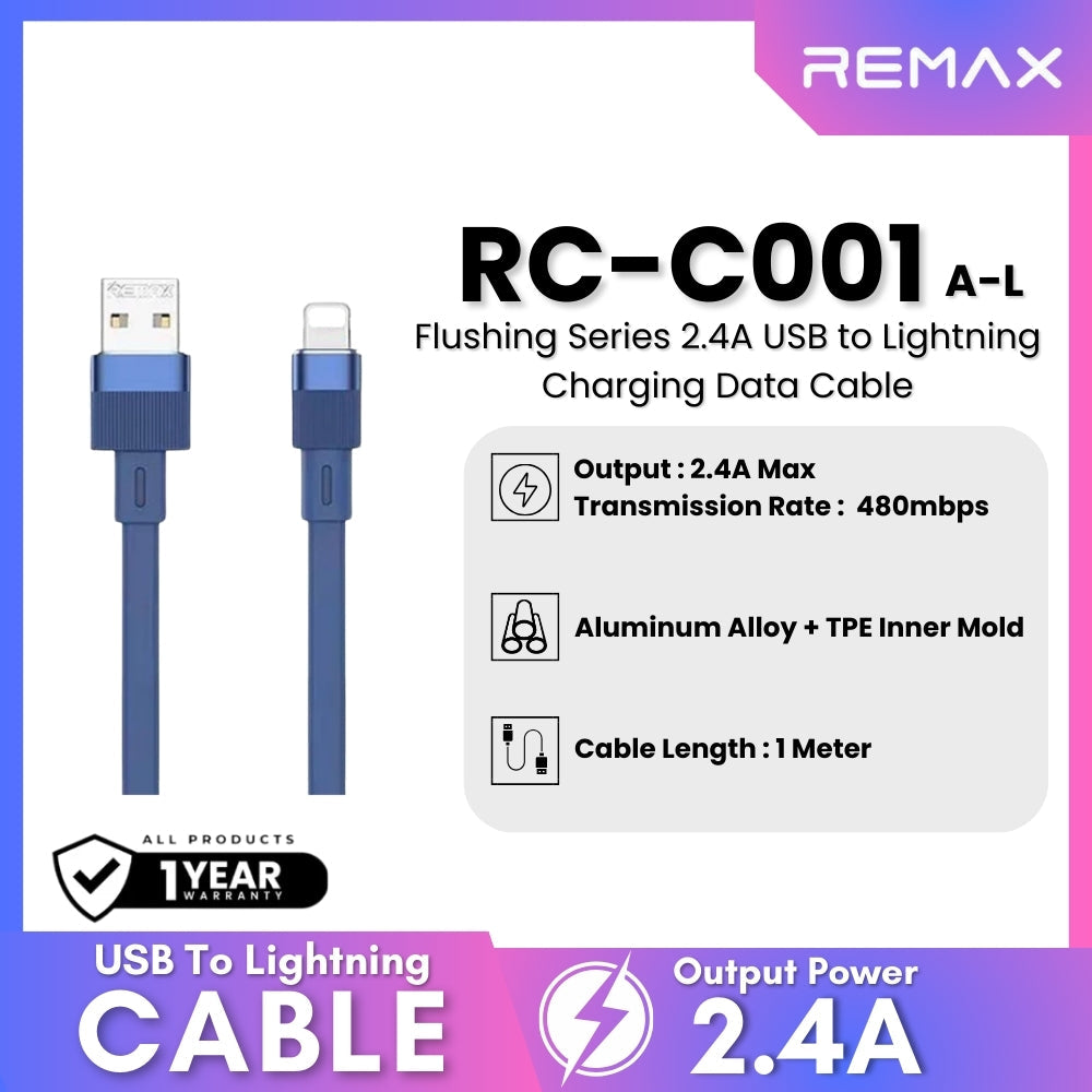 REMAX - RC-C001 A-L Flushing Series 2.4A Lightning Charging Data Cable - Blue