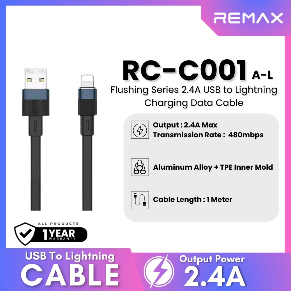 REMAX - RC-C001 A-L Flushing Series 2.4A Lightning Charging Data Cable - Black