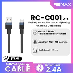 REMAX - RC-C001 A-L Flushing Series 2.4A Lightning Charging Data Cable - Black