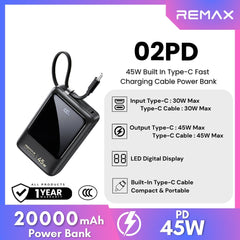 REMAX - 02PD 20000mAh 45W Fast Charging Cable Power Bank - Black