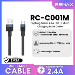 REMAX - RC-C001M Flushing Series 2.4A USB to Micro Charging Data Cable - Black