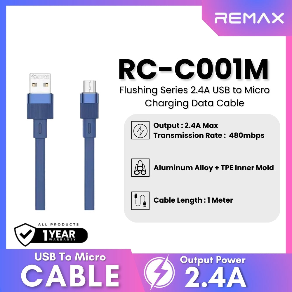 REMAX - RC-C001M Flushing Series 2.4A USB to Micro Charging Data Cable - Blue