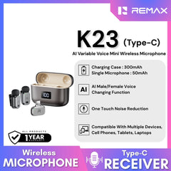 REMAX - K23 Type-C AI Variable Voice Mini Wireless Lavalier Microphone - Black
