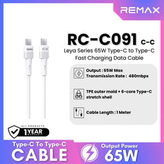 65W ( C to C )-REMAX RC-C091 C-C Leya Series 65W Type-C to Type-C Fast Charging PD Charging Data Cable - White