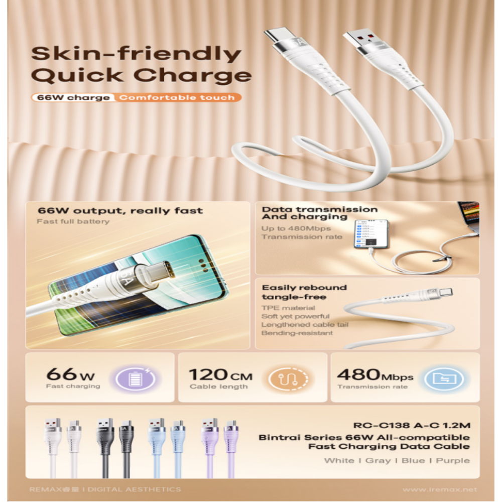 REMAX - RC-C138A Bintrai Series USB to Type-C Fast Charging Data Cable ( 66W ) - Purple