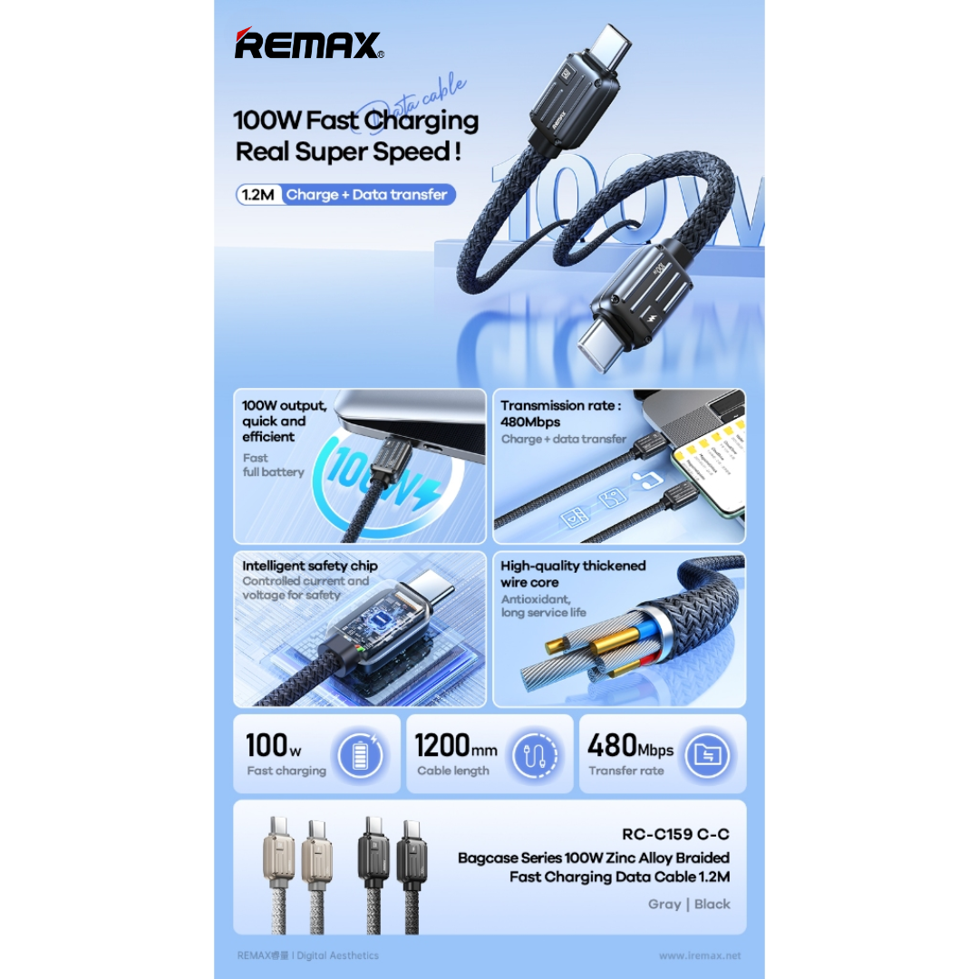 REMAX RC-C158 C-C Bagcase Series Zinc Alloy Braided Fast Charging(100W)(1.2M)- Grey