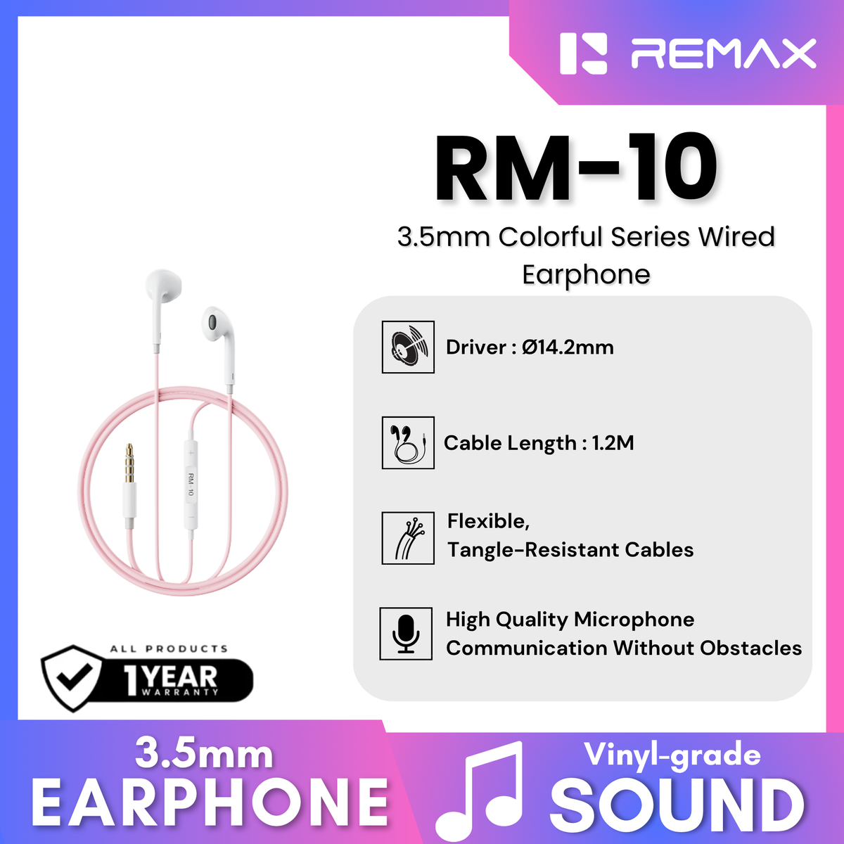 REMAX - RM-10 3.5mm Colorful Series Wired Earphone - Pink