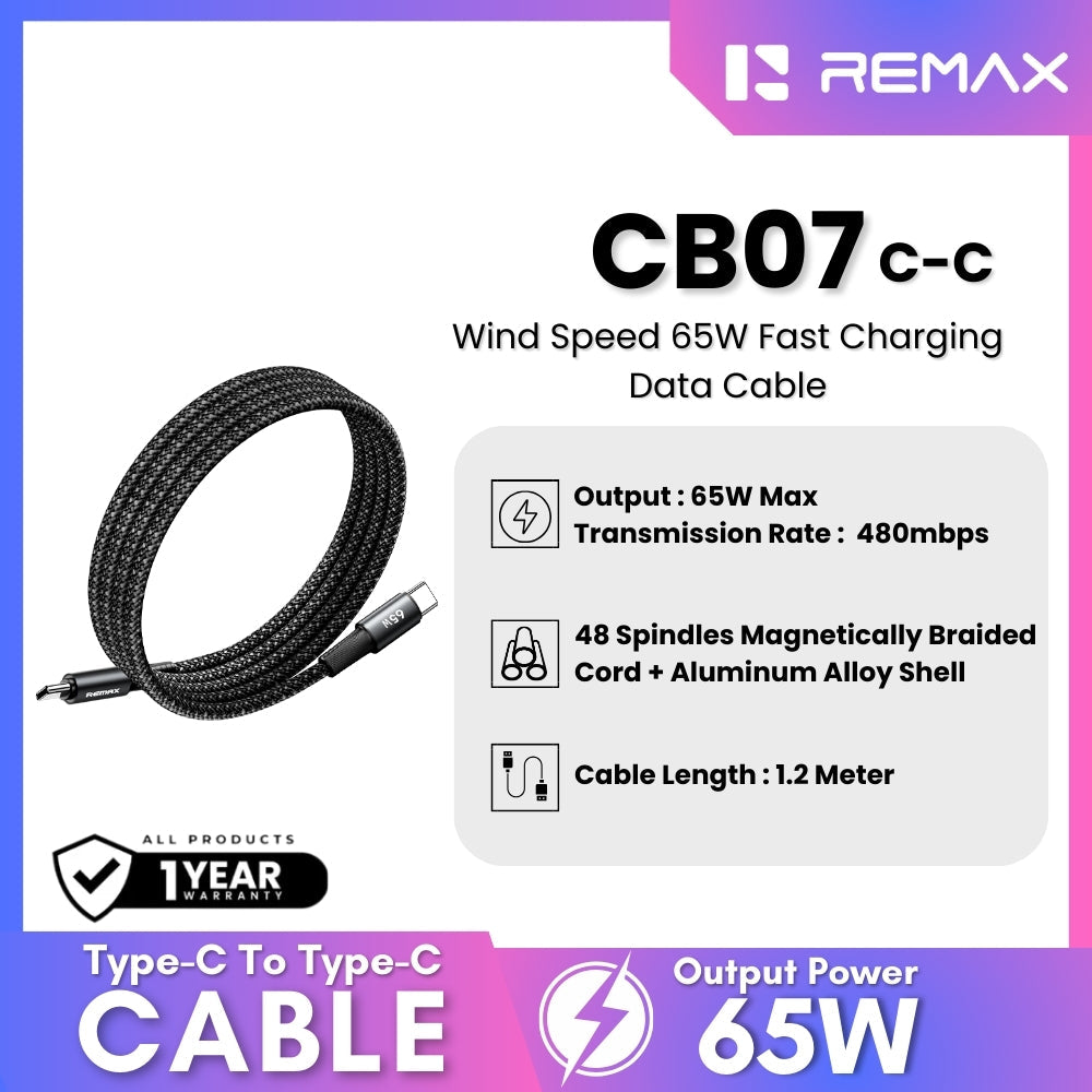 REMAX - CB07 C-C Wind Speed 65W Fast Charging Data Cable - Black