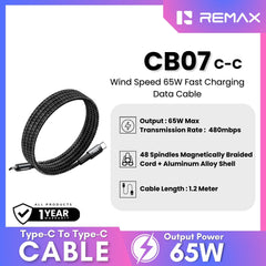 REMAX - CB07 C-C Wind Speed 65W Fast Charging Data Cable - Black