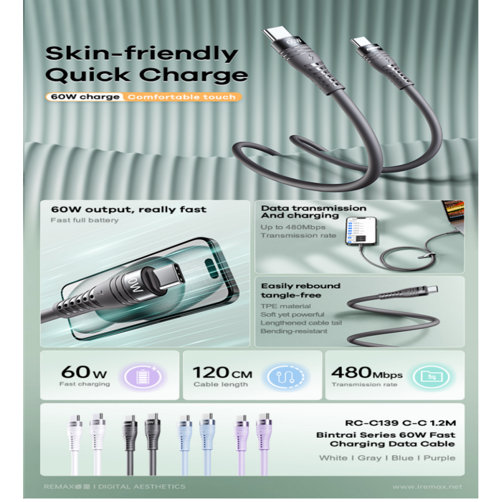 REMAX - RC-C139 C-C Bintrai Series Type-C to Type-C Fast Charging Data Cable (60W) - Purple