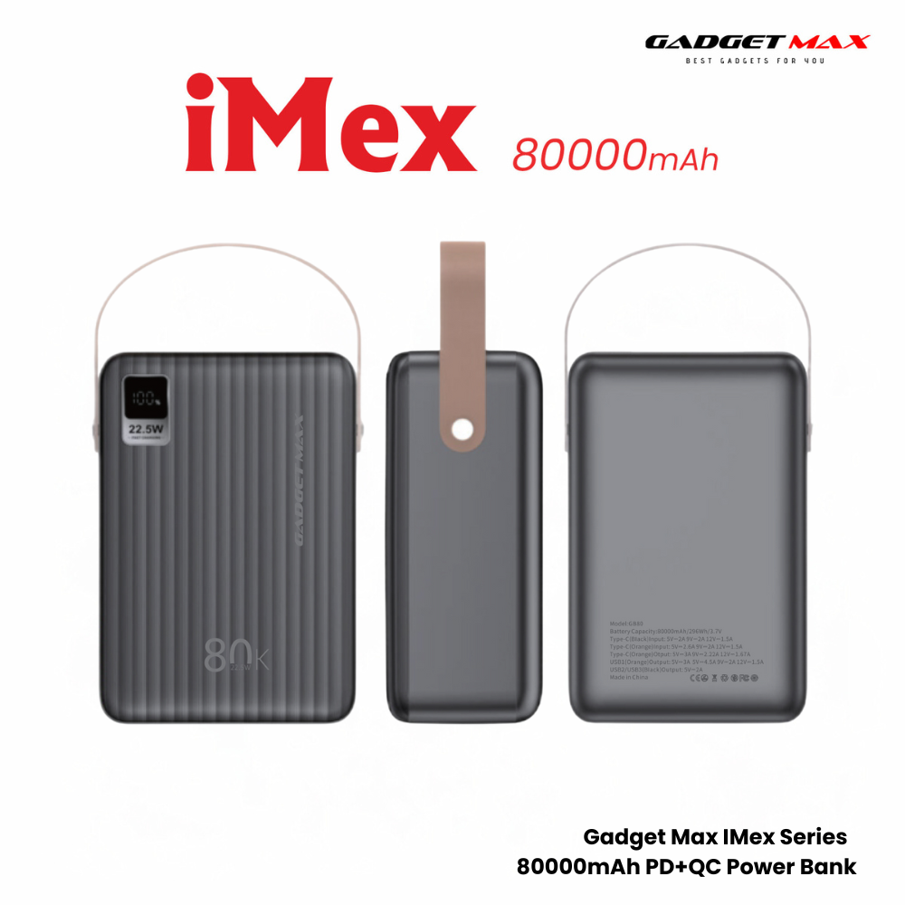 GADGET MAX GB80 iMEX Series 80000mAh PD+QC Fast Charging Power Bank(PD 22.5W) - Grey