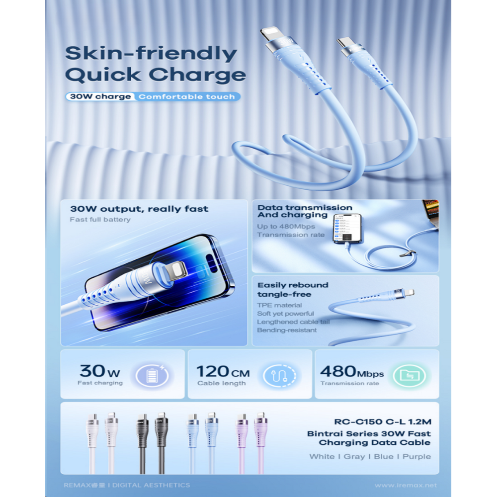 REMAX - RC-C150 C-L Bintrai Series Type-C to Lightning Fast Charging Data Cable ( 30W ) - Blue