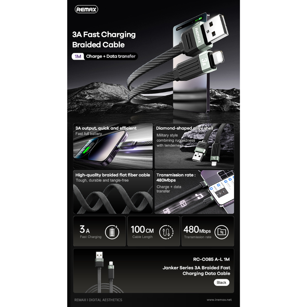 REMAX RC-C085 A-L Janker Series 2.4A USB to Lightning Fast Charging Data Cable - Black