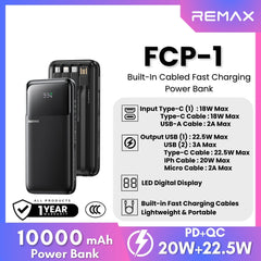 REMAX - FCP-1 10000mAh Built-In Cable Fast Charging Power Bank ( PD20W + QC22.5W ) - Black