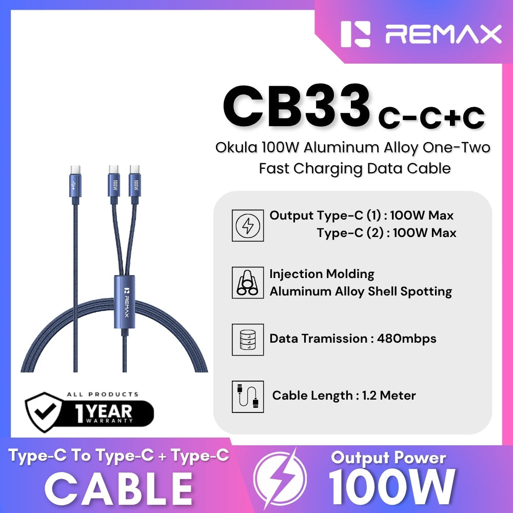 REMAX - CB33 C-C+C Okula 100W One-Two Fast Charging Data Cable (Type-C 100W ) - Blue