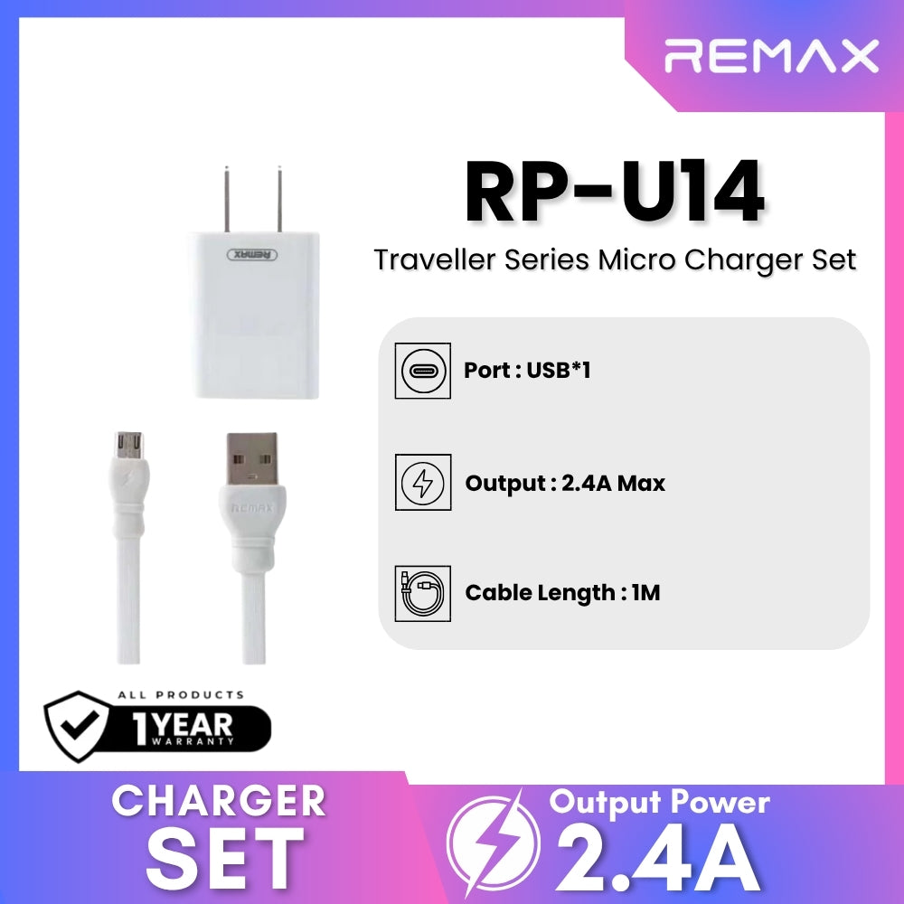 REMAX RP-U14 Traveller Series 2.4A Micro Charger Set (1 USB) - White