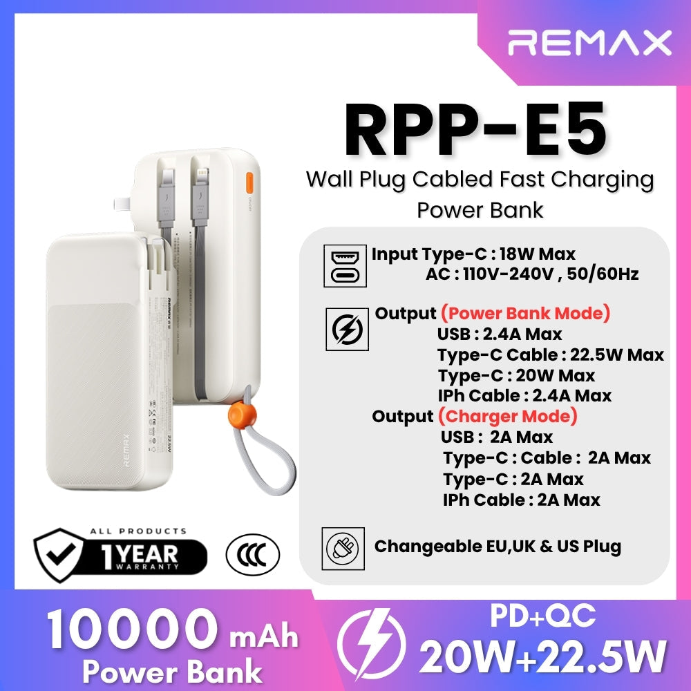 REMAX - RPP-E5 10000mAh PD+QC Fast Charging Cabled Power Bank (PD20W+QC22.5W) - White