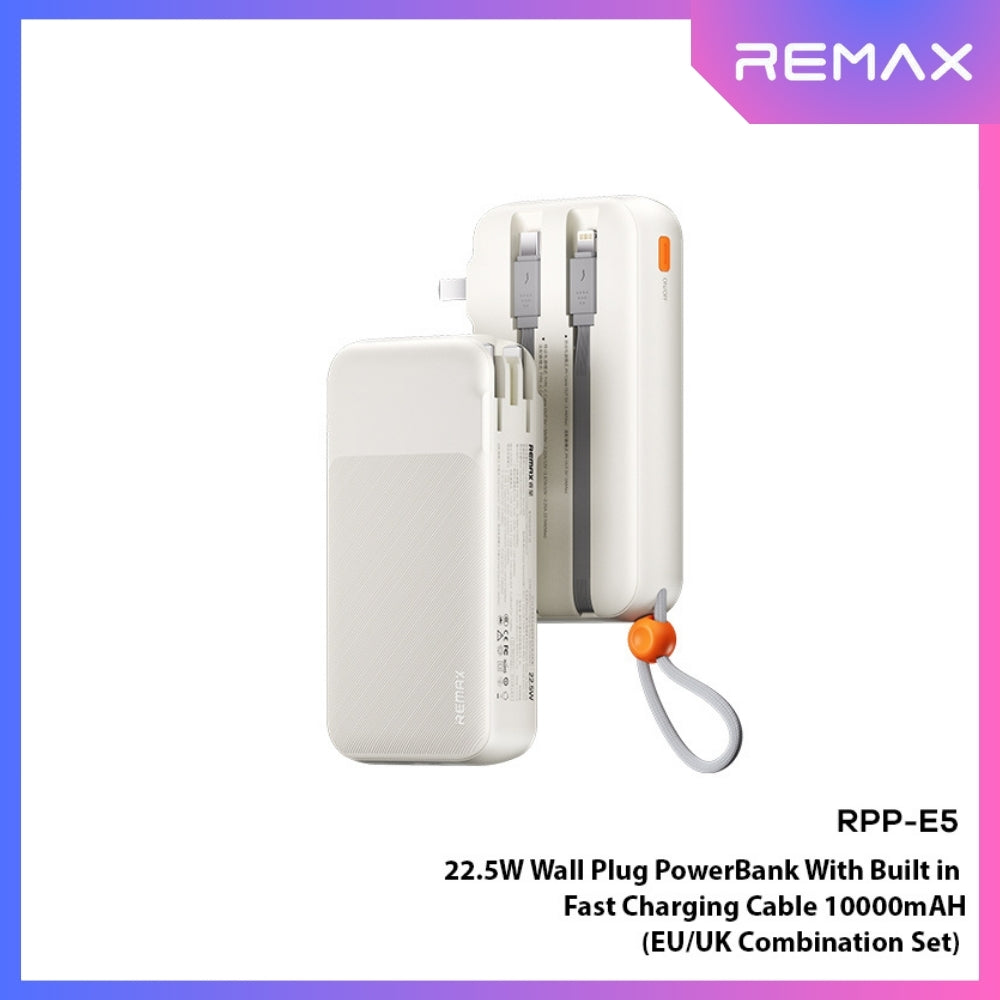 REMAX - RPP-E5 10000mAh PD+QC Fast Charging Cabled Power Bank (PD20W+QC22.5W) - White