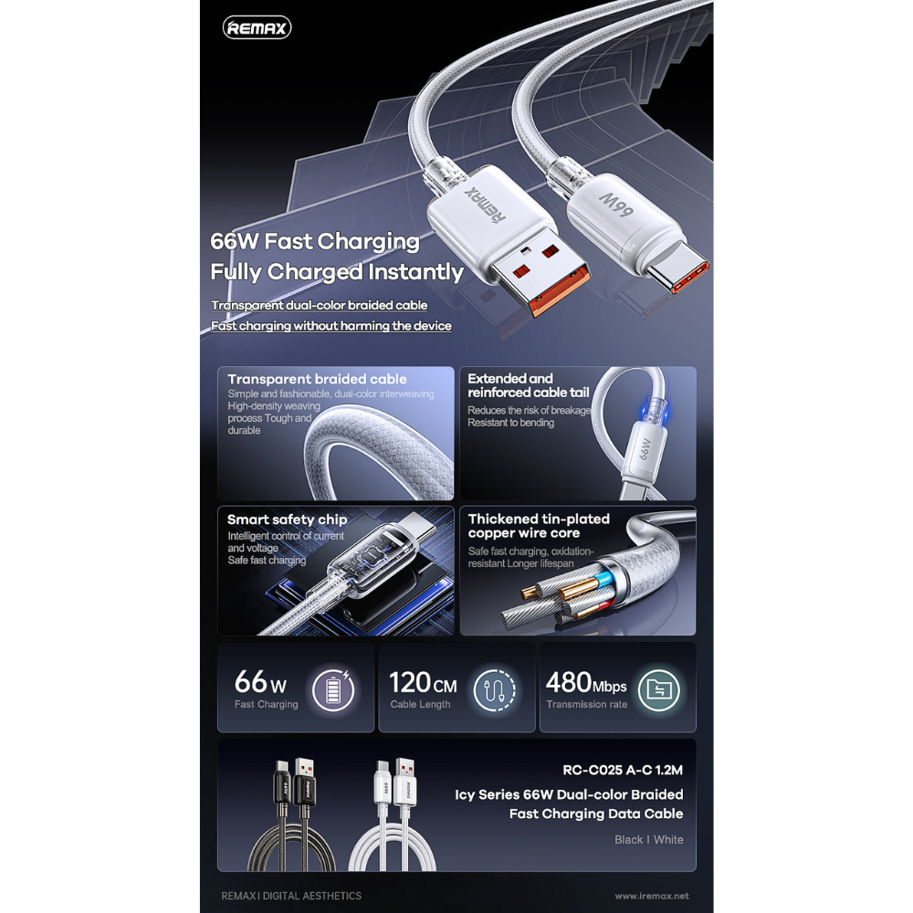 REMAX RC-C025 A-C Icy Series 66W USB to Type-C Fast Charging Data Cable - White