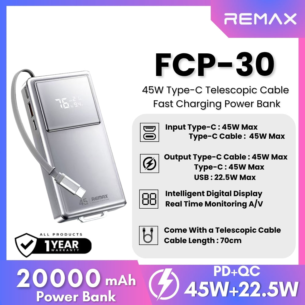 REMAX - FCP-30 20000mAh Type-C Scalable Cable Fast Charging Cable Power Bank ( PD45W ) - Silver