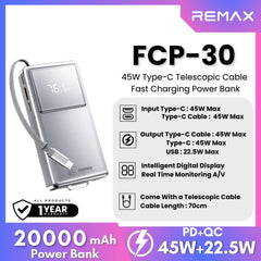 REMAX - FCP-30 20000mAh Type-C Scalable Cable Fast Charging Cable Power Bank ( PD45W ) - Silver