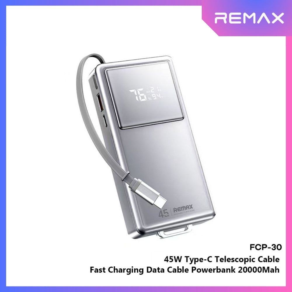 REMAX - FCP-30 20000mAh Type-C Scalable Cable Fast Charging Cabled Power Bank ( PD45W ) - Silver
