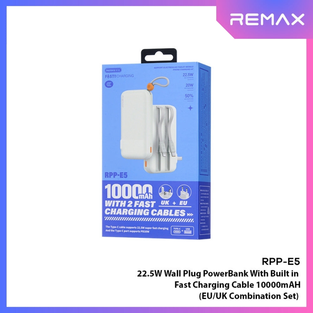 REMAX - RPP-E5 10000mAh PD+QC Fast Charging Cabled Power Bank (PD20W+QC22.5W) - White