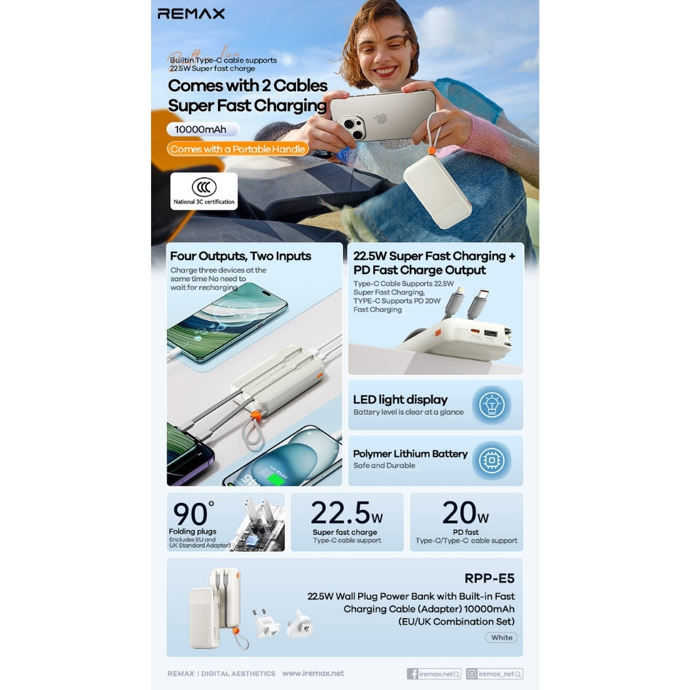 REMAX - RPP-E5 10000mAh PD+QC Fast Charging Cabled Power Bank (PD20W+QC22.5W) - White