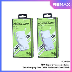 REMAX - FCP-30 20000mAh Type-C Scalable Cable Fast Charging Cabled Power Bank ( PD45W ) - Silver