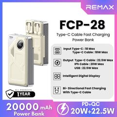 REMAX - FCP-28 20000mAh Fast Charging Cabled Power Bank ( PD20W+QC22.5W ) - Beige