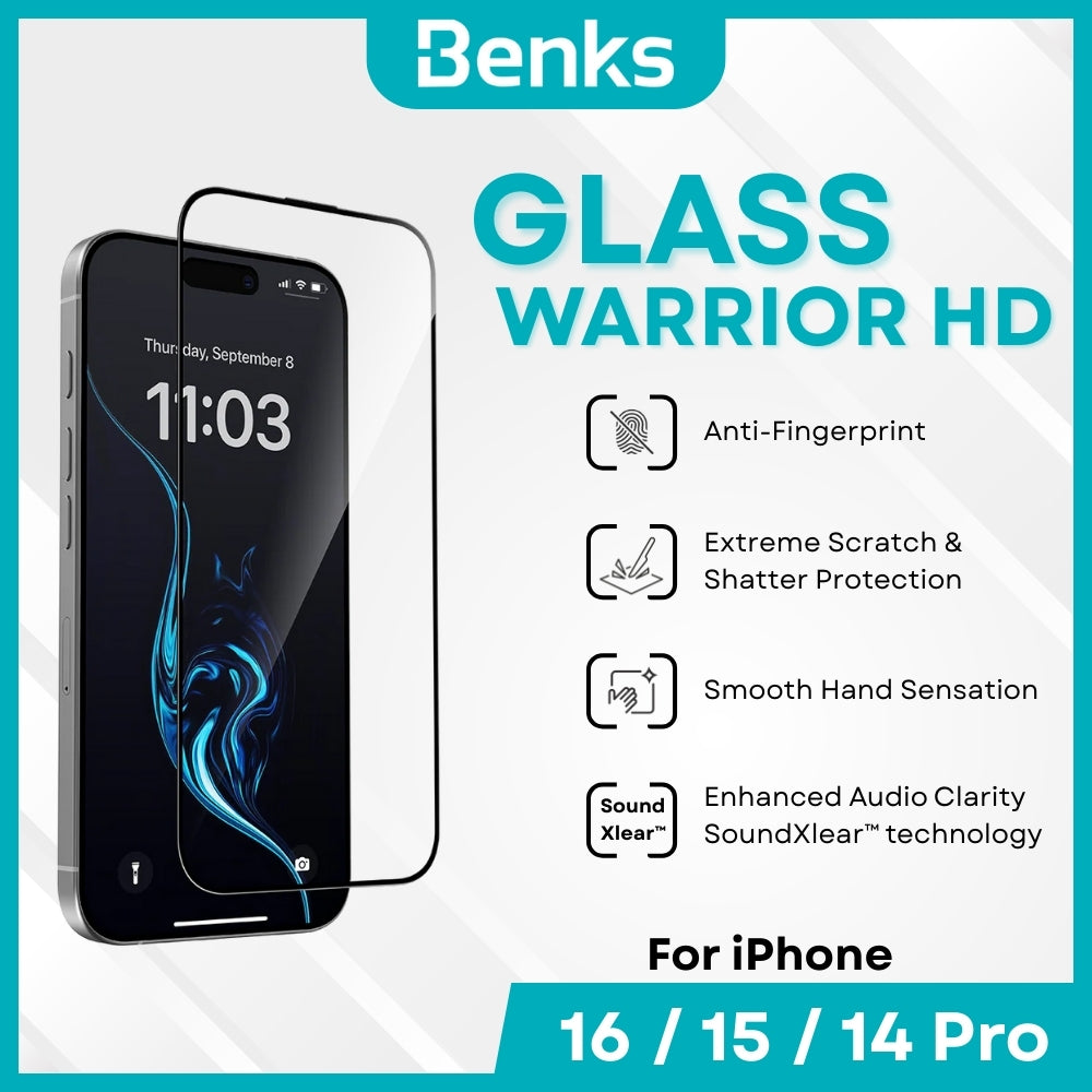 BENKS -  GlassWarrior HD Screen Protector - IPhone 16 / 15 / 14 Pro (Black)