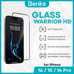 BENKS -  GlassWarrior HD Screen Protector - IPhone 16 / 15 / 14 Pro (Black)