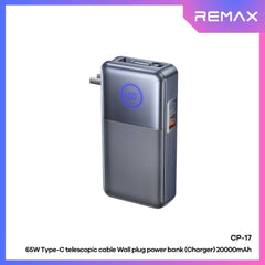 REMAX - CP-17 20000mAh Type-C Telescopic Wall Plug Fast Charging Cabled Power Bank ( PD65W ) - Tarnish
