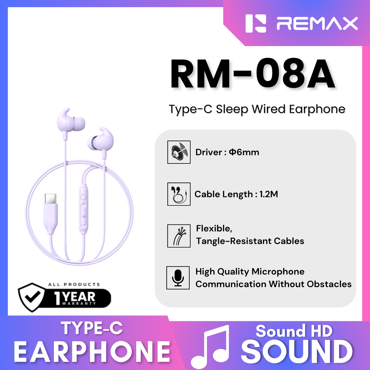 REMAX - RM-08A Type-C Sleep Wired Earphone - Purple