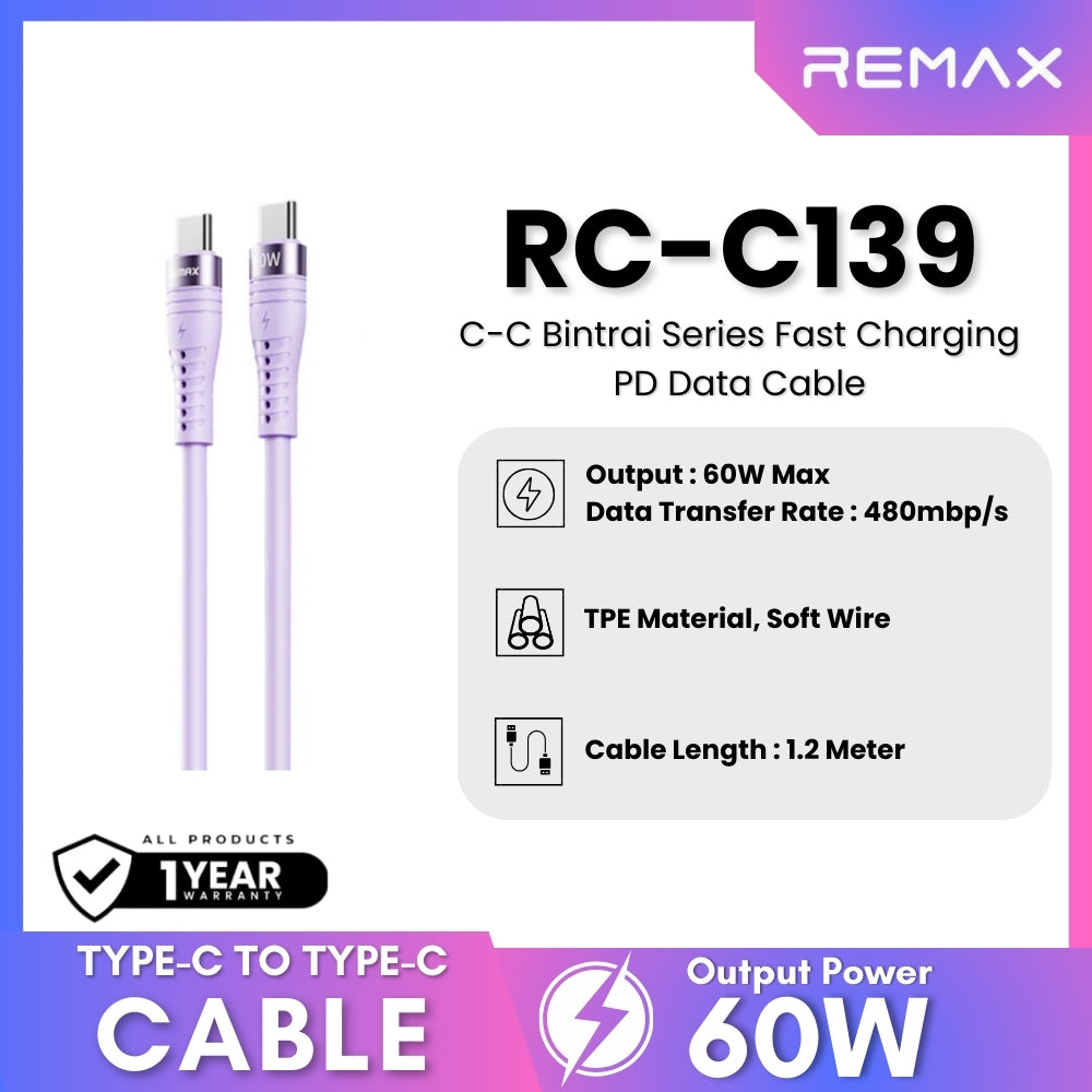 REMAX - RC-C139 C-C Bintrai Series Type-C to Type-C Fast Charging Data Cable (60W) - Purple