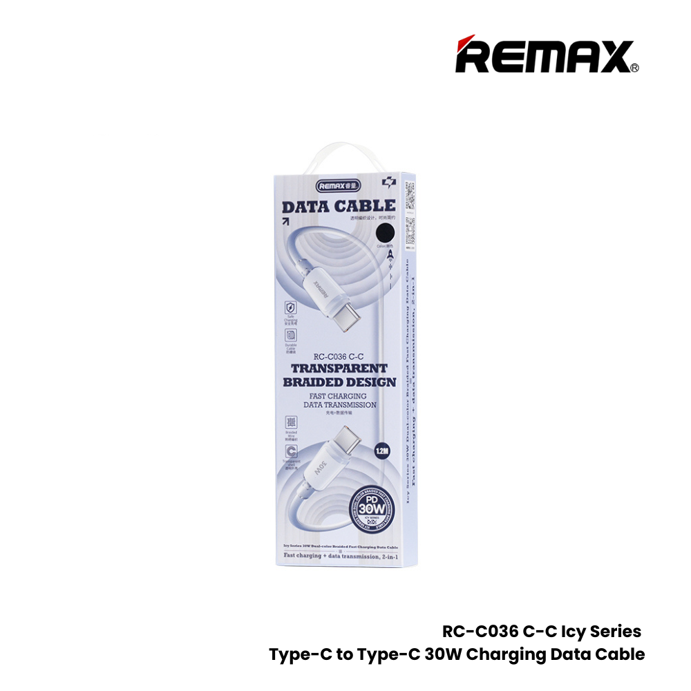 REMAX RC-C036 C-C Icy Series 30W Type-C to Type-C Fast Charging Data Cable - White