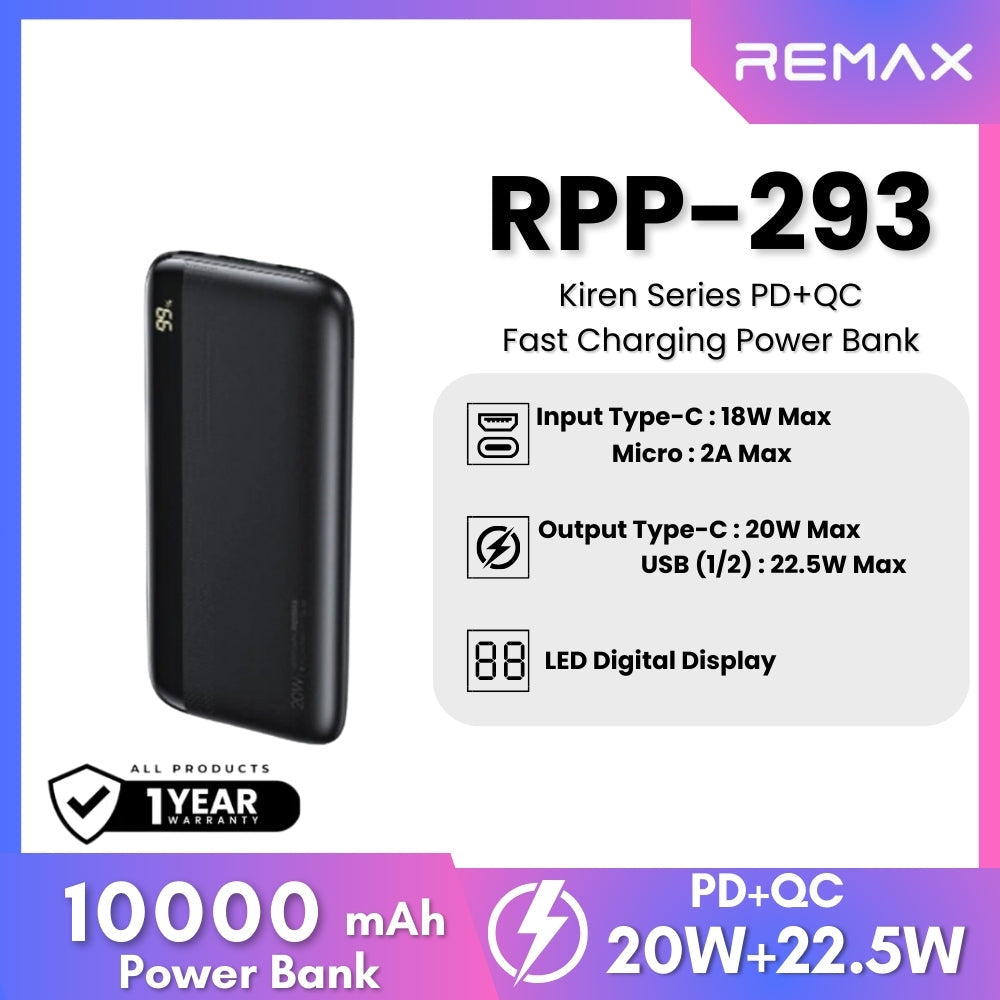 REMAX RPP-293 Kiren Series 10000mAh PD+QC Fast Charging Power Bank(PD 20W+QC 22.5W) - Black