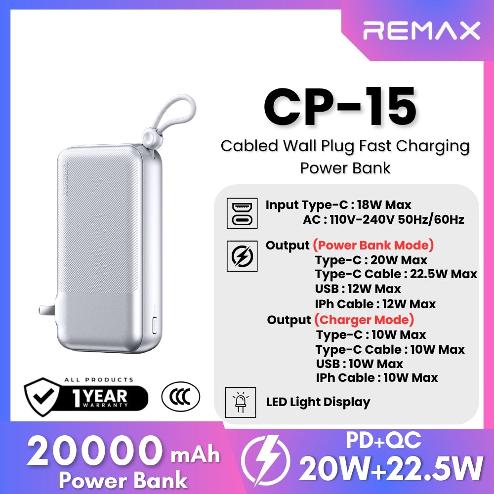 REMAX - CP-15 20000mAh Wall Plug Fast Charging Cabled Power Bank ( PD20W+QC22.5W ) - Silver