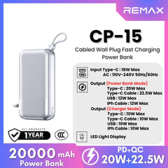 REMAX - CP-15 20000mAh Wall Plug Fast Charging Cabled Power Bank ( PD20W+QC22.5W ) - Silver