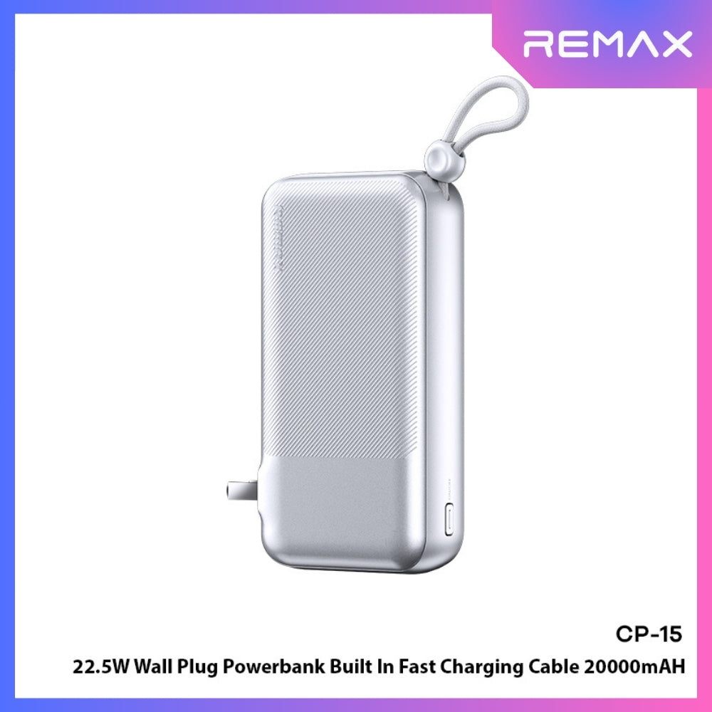 REMAX - CP-15 20000mAh Wall Plug Fast Charging Cabled Power Bank ( PD20W+QC22.5W ) - Silver